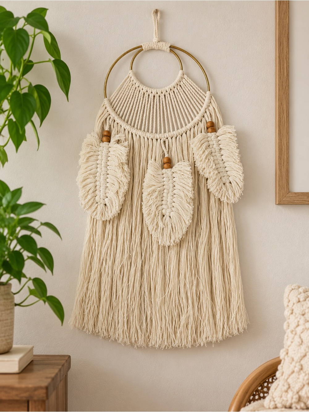 Boho Macrame Wall Hanging Cream Fringe Leaves Gold Metal Ring Decor Hippie